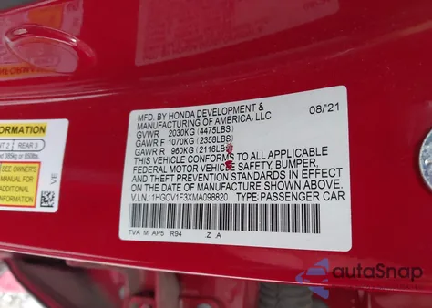 2021 Honda Accord Sport z USA, uszkodzony, nr VIN 1HGCV1F3XMA098820